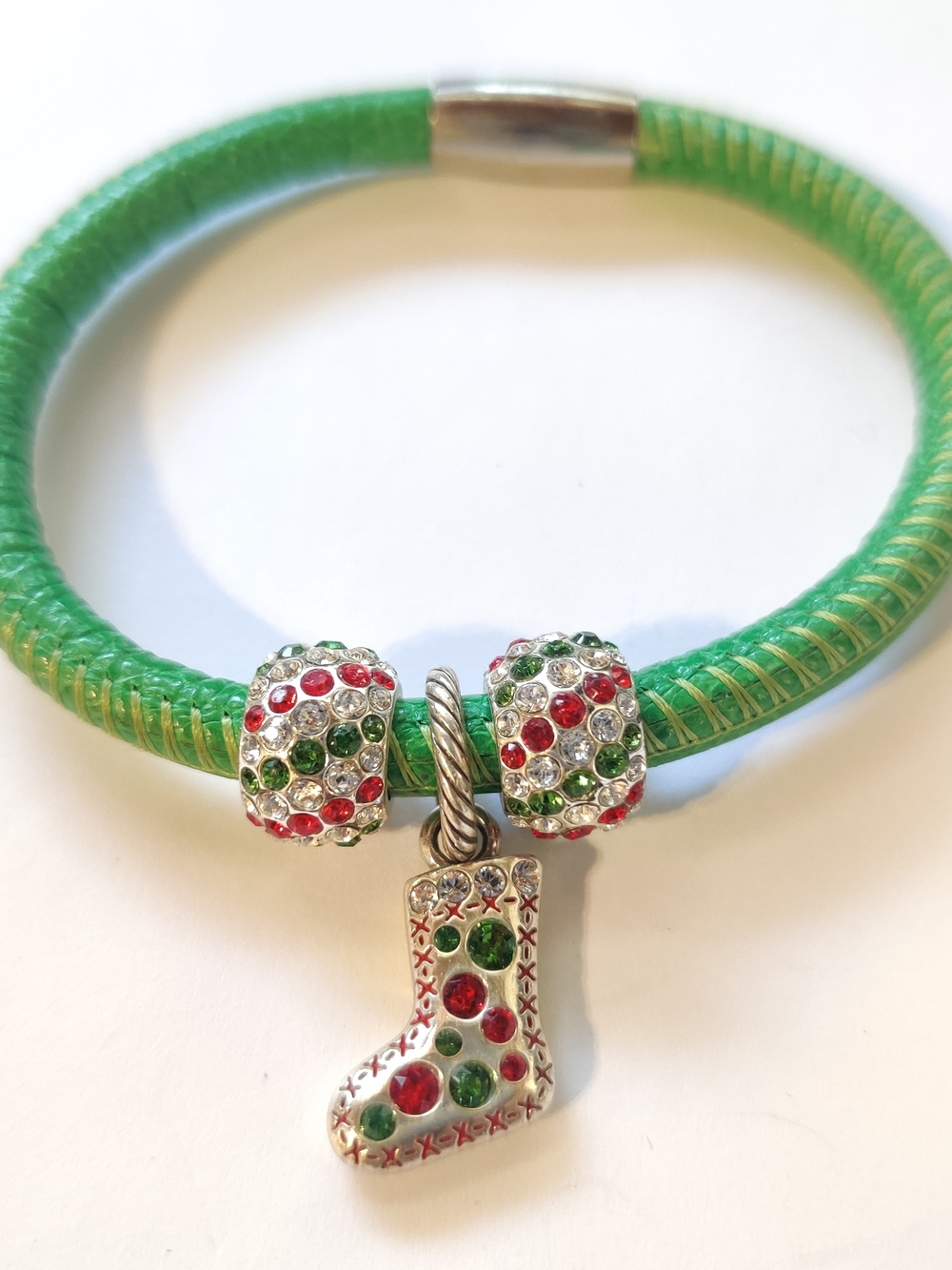 Brighton Green Holiday Charm Bracelet with Red & Green Crystal Beads